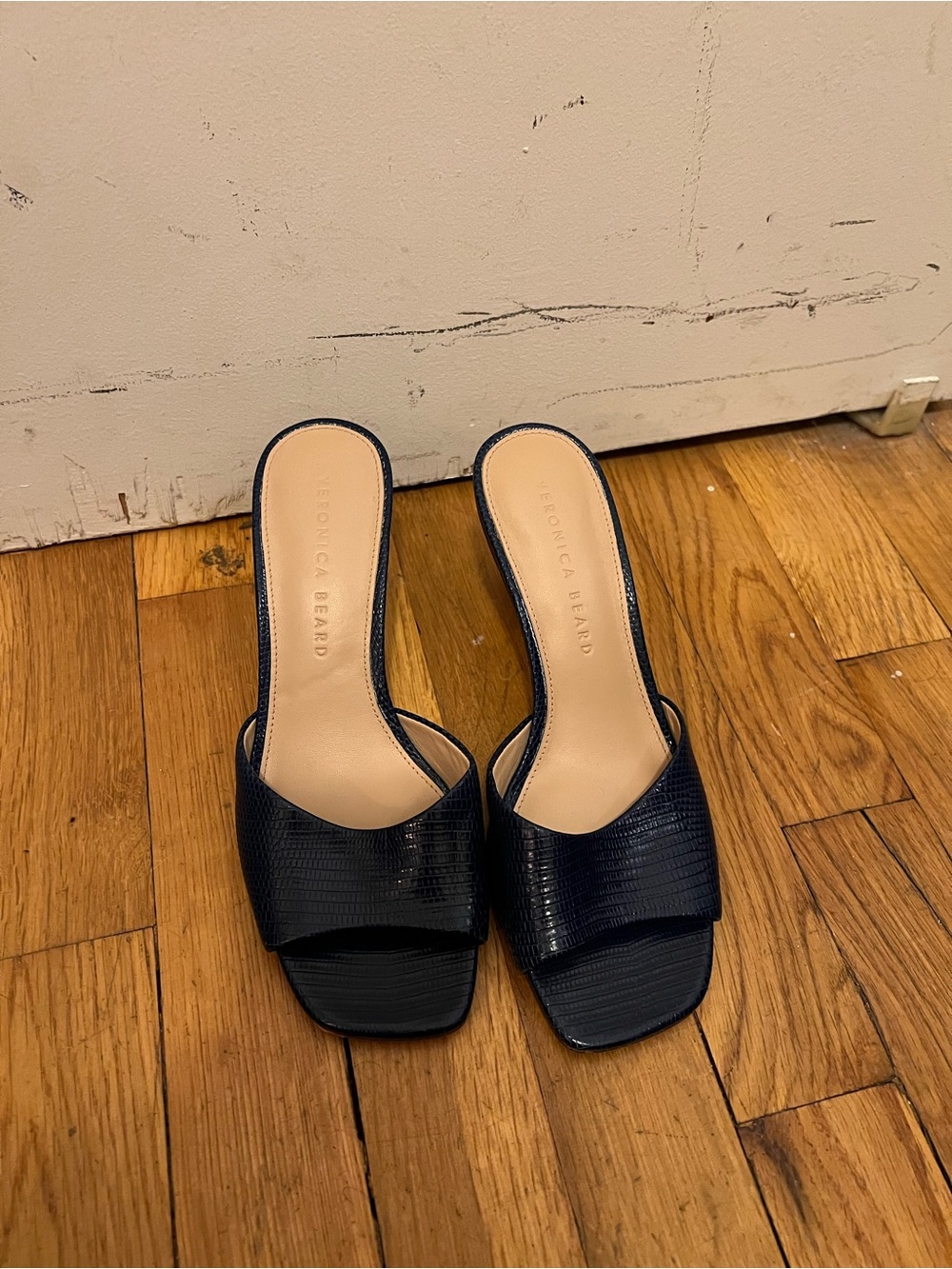 Veronica Beard Navy Textured Slide Sandals